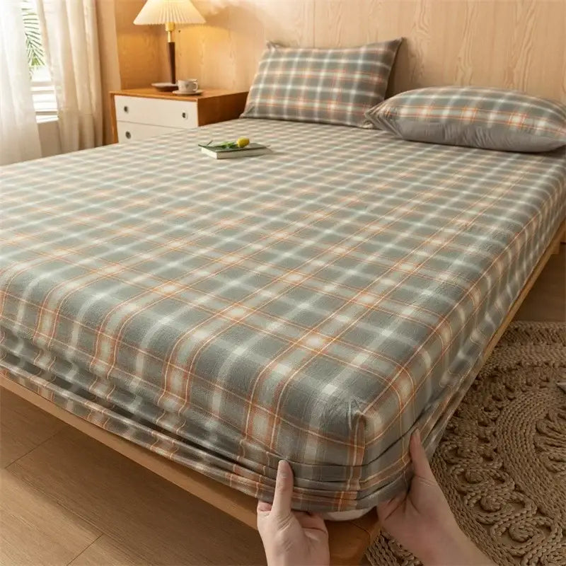 Plaid green and beige decorbites cotton fitted sheet with soft textured weave in green beige and orange tones