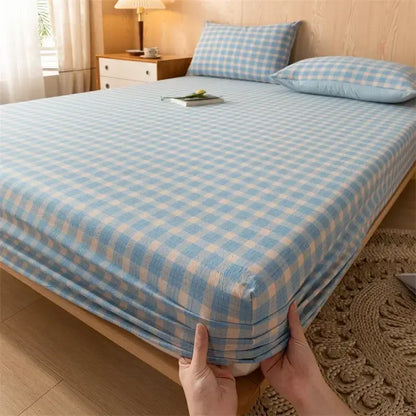 Light blue and white checkered decorbites cotton fitted sheet with soft textured fabric finish for bedroom use
