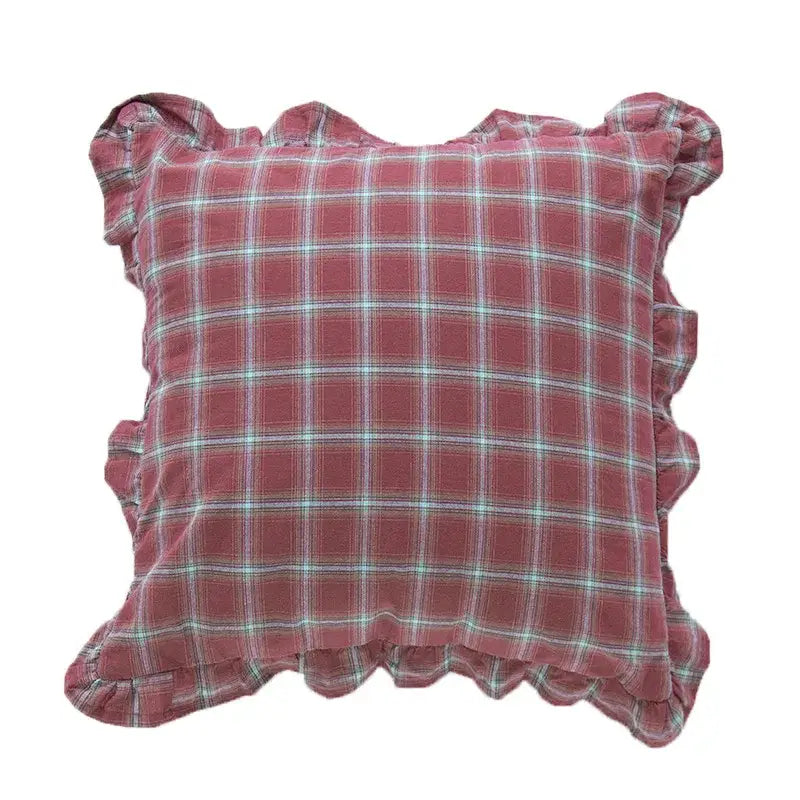 Square soft dusty rose plaid cotton coffee black cushion cover with ruffled edges for living room decorbites decor