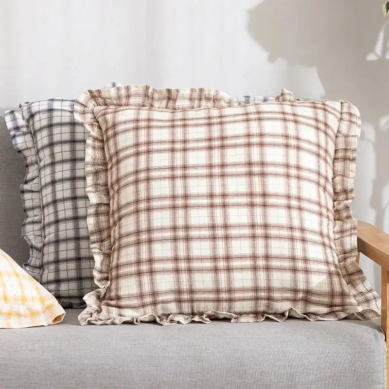 Beige and brown plaid cotton coffee black cushion cover with ruffled edges for living room decorbites decor