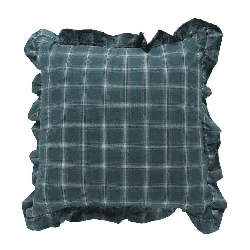 A square dark teal and light blue plaid cotton coffee black cushion cover with ruffled edges for living room decorbites decor