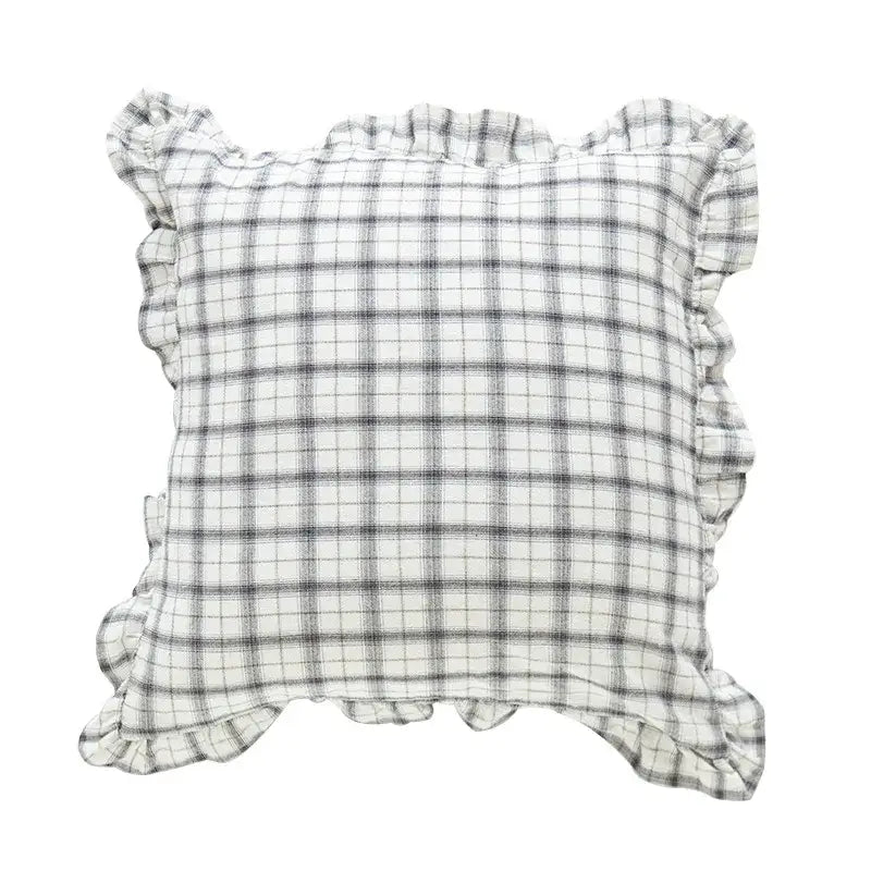Square cotton coffee black cushion cover with a plaid pattern and soft ruffled edges for living room decorbites decor