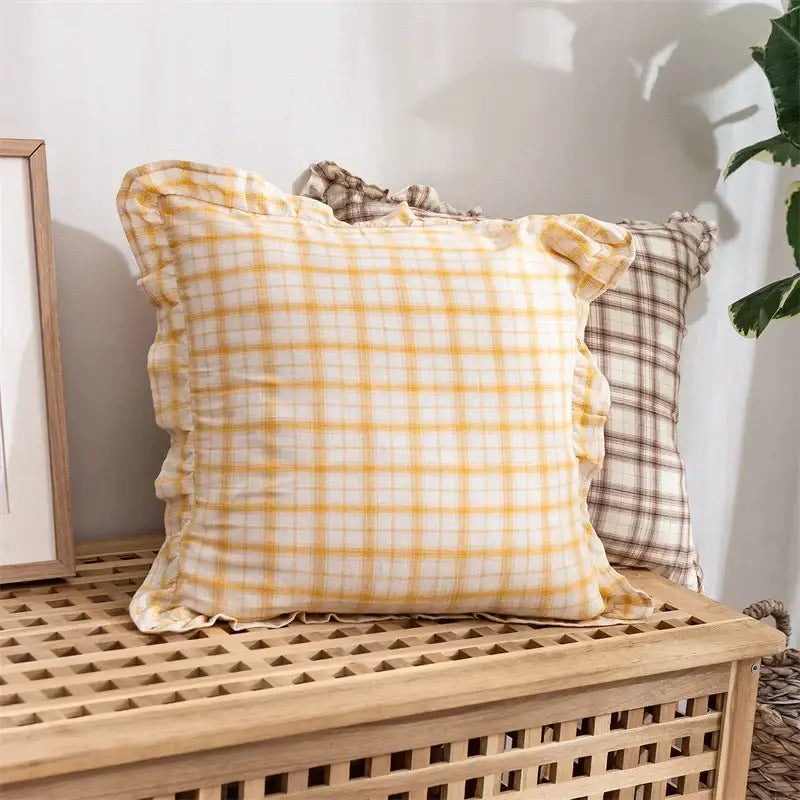 Yellow and white plaid cotton coffee black cushion cover with ruffled edges for living room decorbites decor