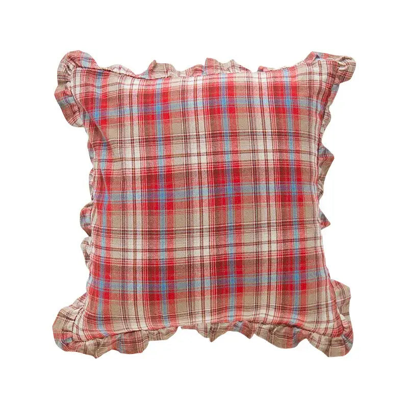A square plaid ruffled cotton coffee black cushion cover in red blue and beige ideal for living room decorbites decor