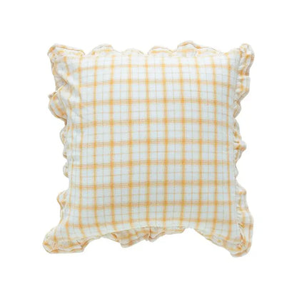 A square cotton coffee black cushion cover with pale yellow white checkered pattern and ruffled edges for decorbites decor