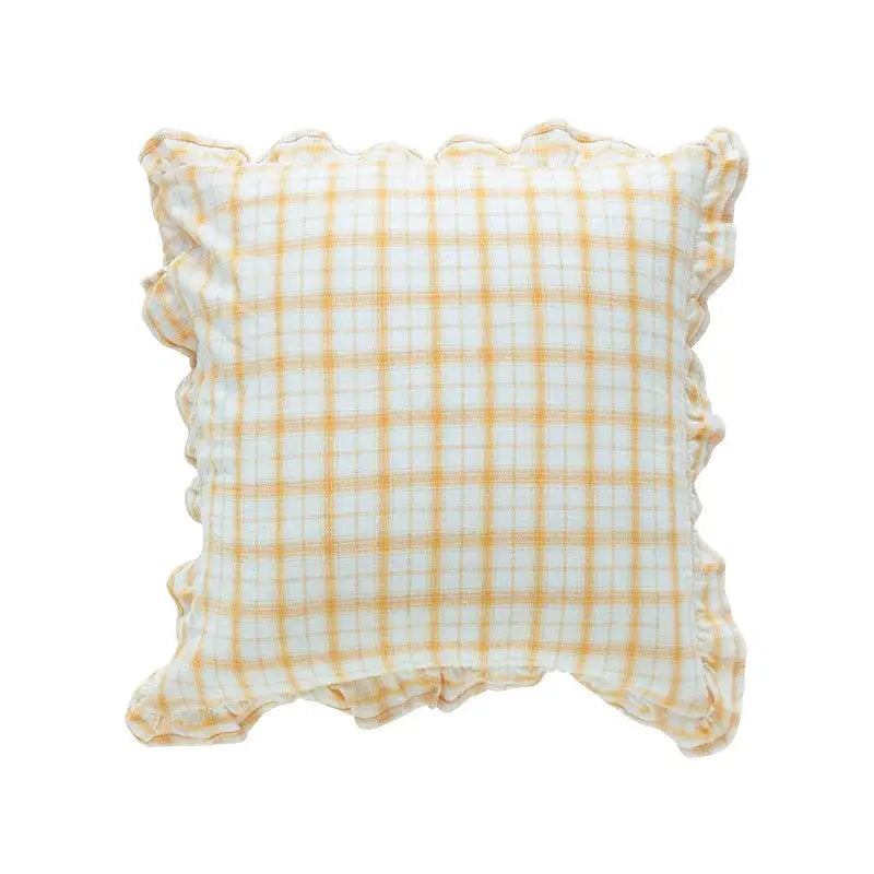 A square cotton coffee black cushion cover with pale yellow white checkered pattern and ruffled edges for decorbites decor