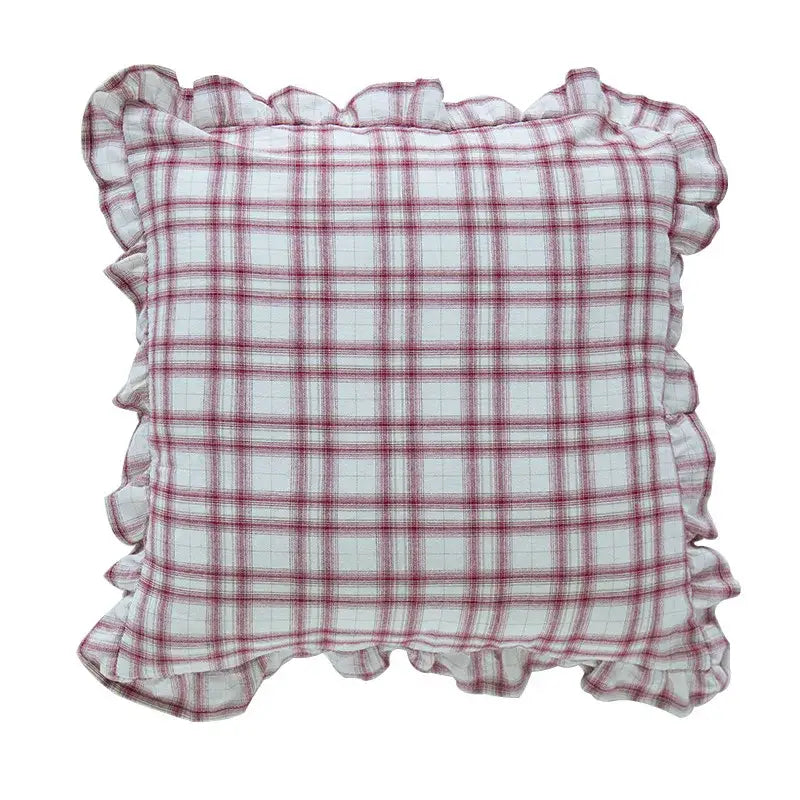 A white and red plaid cotton coffee black cushion cover with soft ruffled edges for living room decorbites decor
