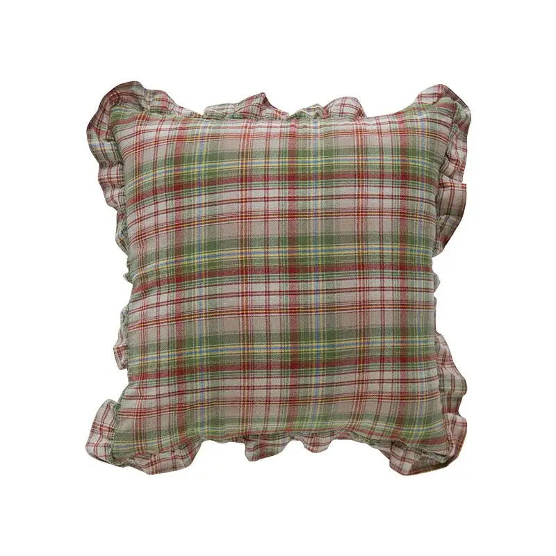 A square cotton coffee black cushion cover with muted red and green plaid pattern and delicate ruffled edges for decorbites decor