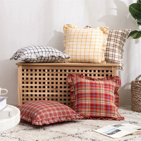Plaid ruffled cotton coffee black cushion cover in red yellow and black and white patterns for living room decorbites decor
