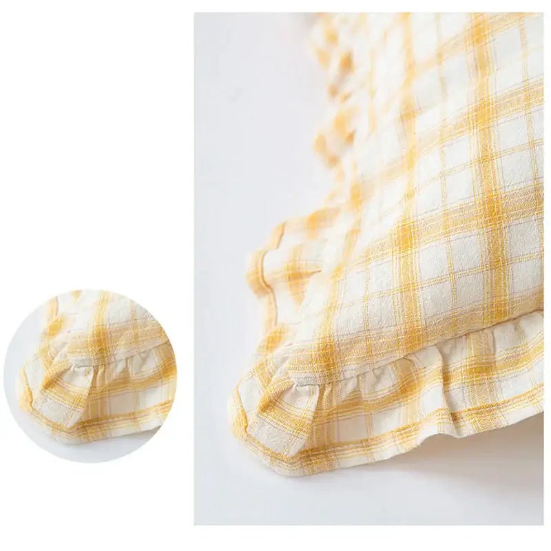 Soft cream and mustard yellow plaid cotton coffee black cushion cover with delicate ruffled hem for living room decor
