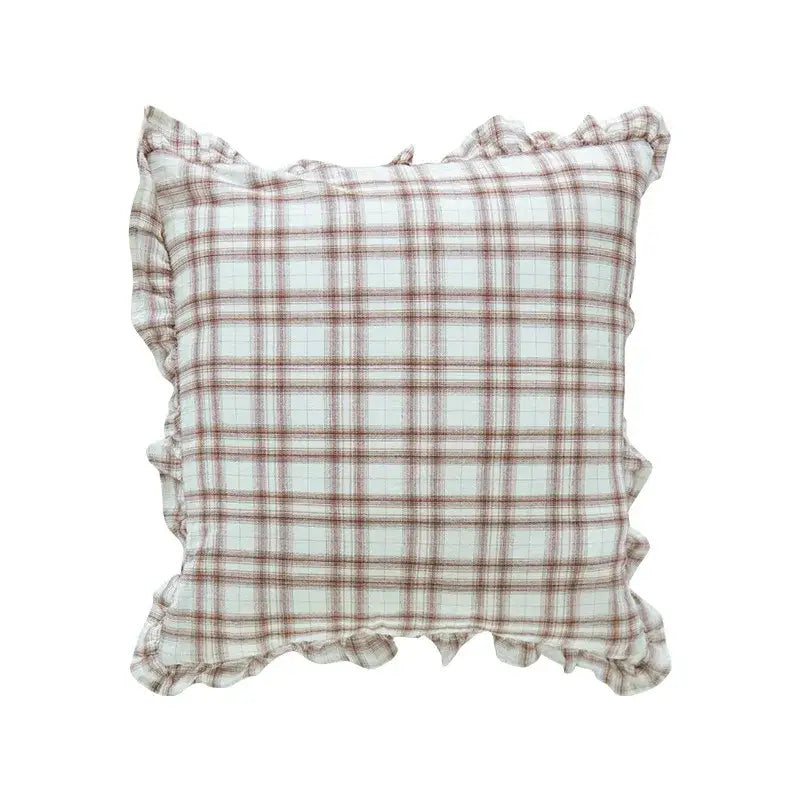 A square cotton coffee black cushion cover with soft light blue and brown plaid pattern and ruffled trim decorbites decor