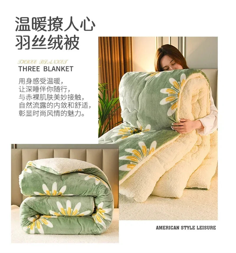 A soft plush green and cream-colored milk fleece blanket with white daisies for winter autumn warmth and comfort