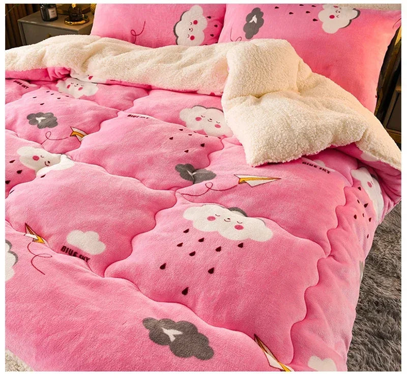 Pink plush super thick warm fleece blanket with cute cartoon clouds and paper airplanes for winter and autumn use