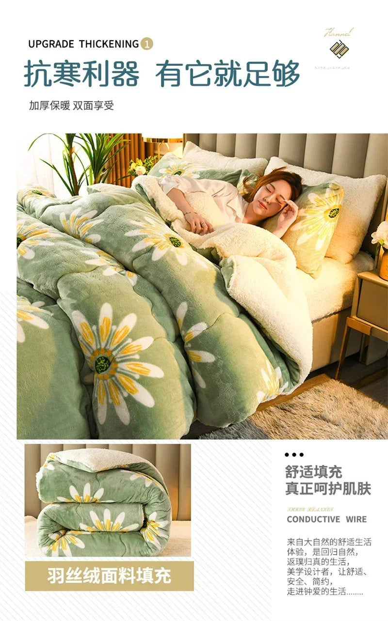 Plush olive green quilt with thick milk fleece featuring large white daisies for warm autumn and winter comfort