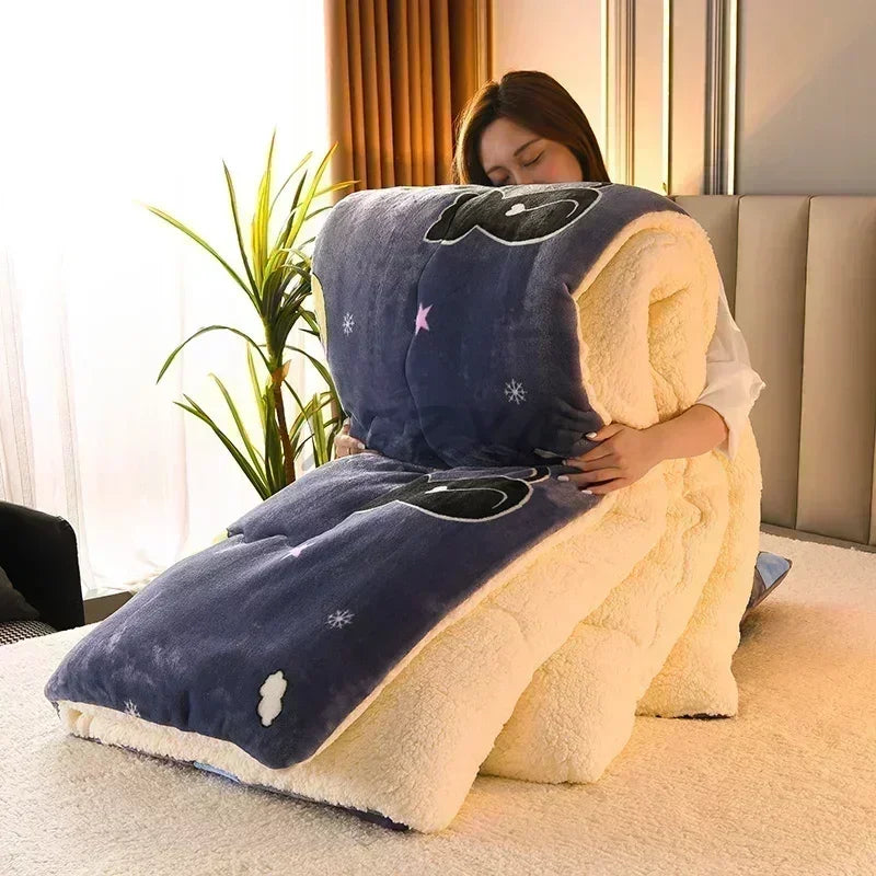 Blue and cream plush super thick warm milk fleece blanket with embroidered black cat face snowflakes and pink star design