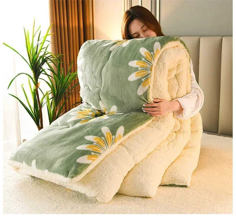 Soft mint-green plaid super thick warm blanket with white and yellow daisy pattern milk fleece interior for winter use
