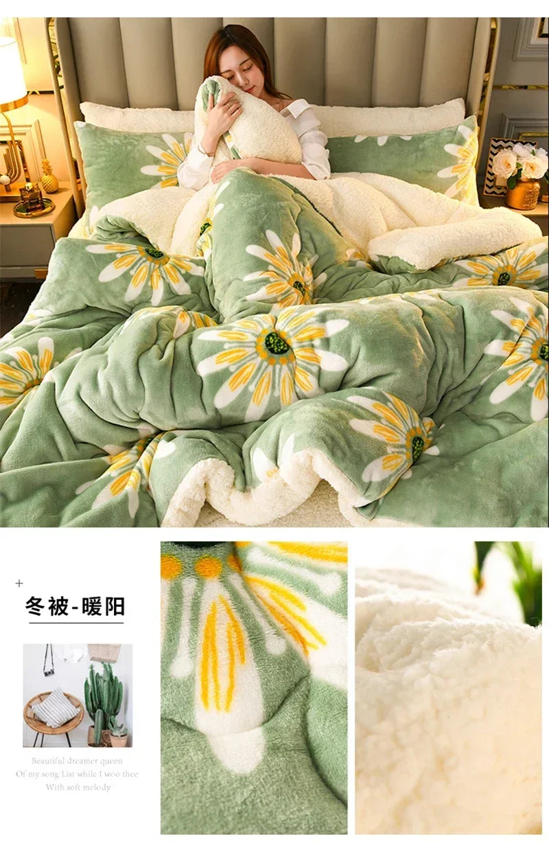 A plush olive green and cream daisy-patterned milk fleece winter blanket with super thick soft fluffy texture for warmth