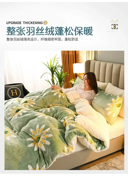 A plush light green quilt with white and yellow daisies made of thick warm milk fleece for winter and autumn use