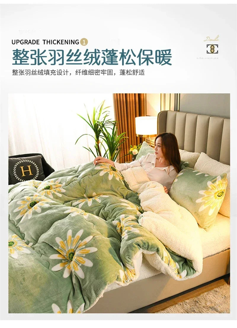 A plush light green quilt with white and yellow daisies made of thick warm milk fleece for winter and autumn use