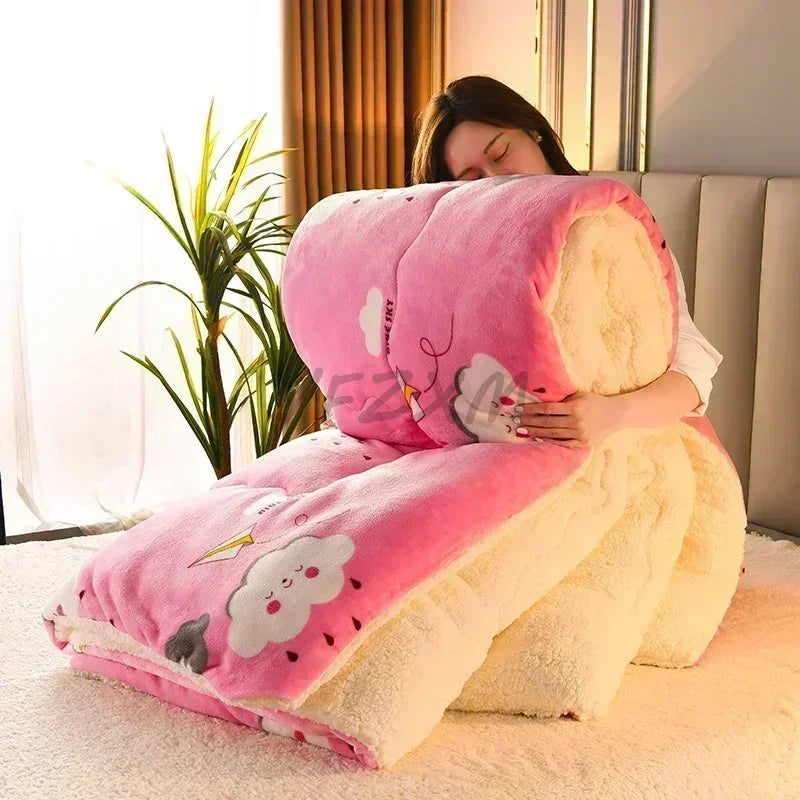 Pink and cream plush plaid super thick warm blanket with cartoon cloud raindrop design made of milk fleece for winter