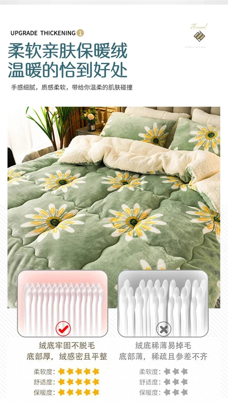 A plush olive green quilt with yellow and white daisies in a super thick warm fleece blanket for autumn and winter use