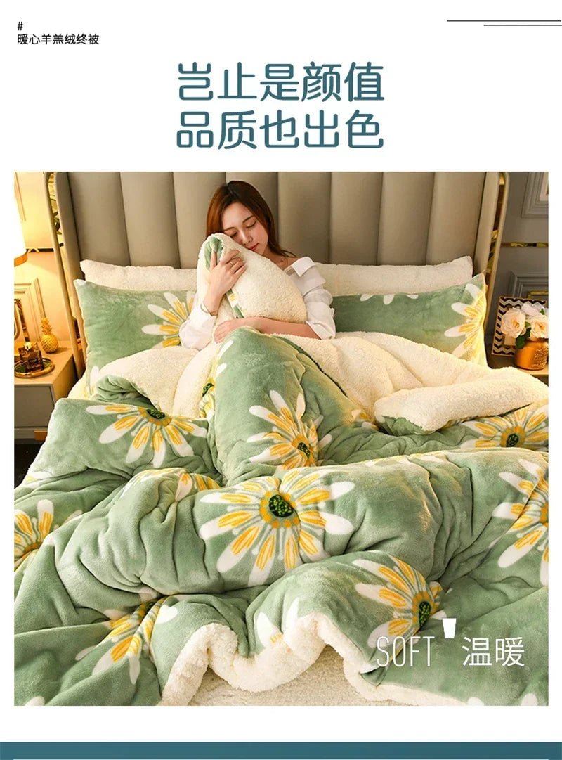 A cozy green and cream-colored fleece blanket with a daisy pattern designed for warmth and softness in autumn and winter