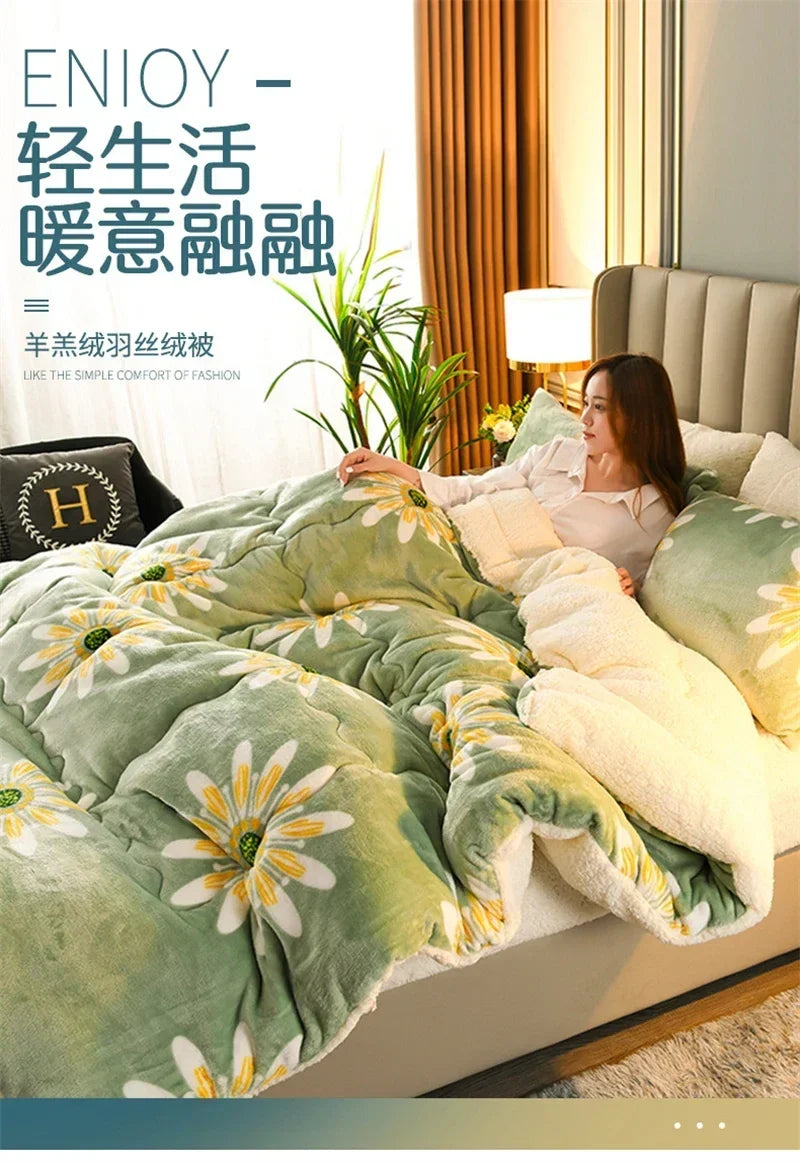 Soft green and white daisy-patterned fleece blanket thick warm plush comforter for winter autumn use