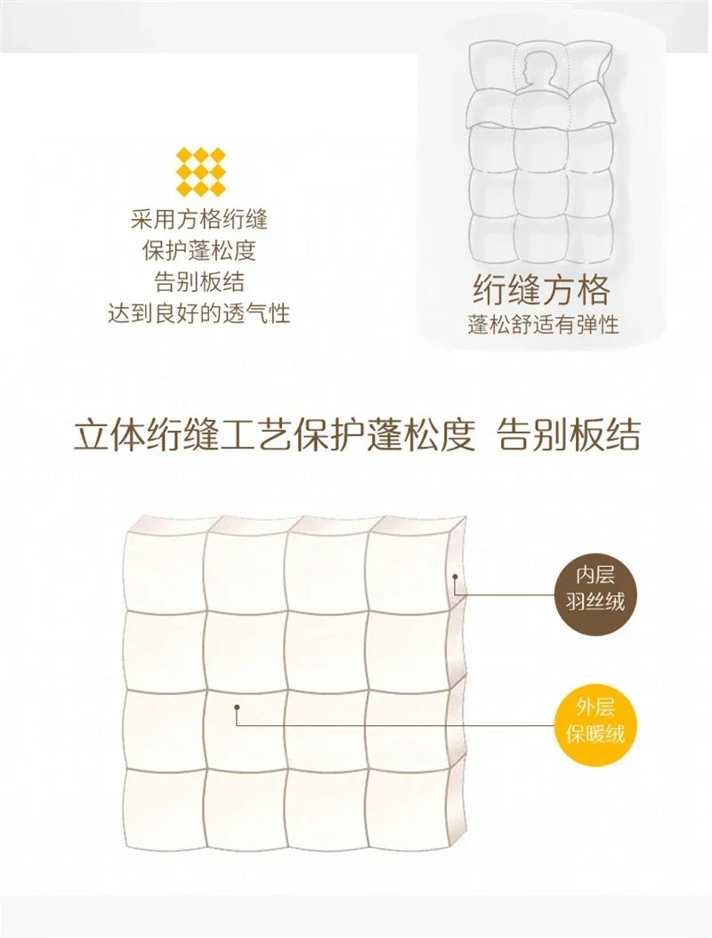 A white quilted mattress topper with a grid stitch pattern, down inner layer, designed for warmth and comfort
