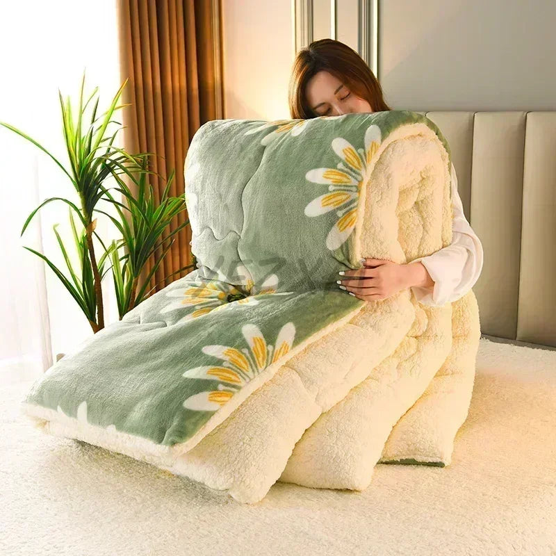 Plaid super thick warm blanket in light green with white and yellow daisy pattern and cream fleece interior for winter use