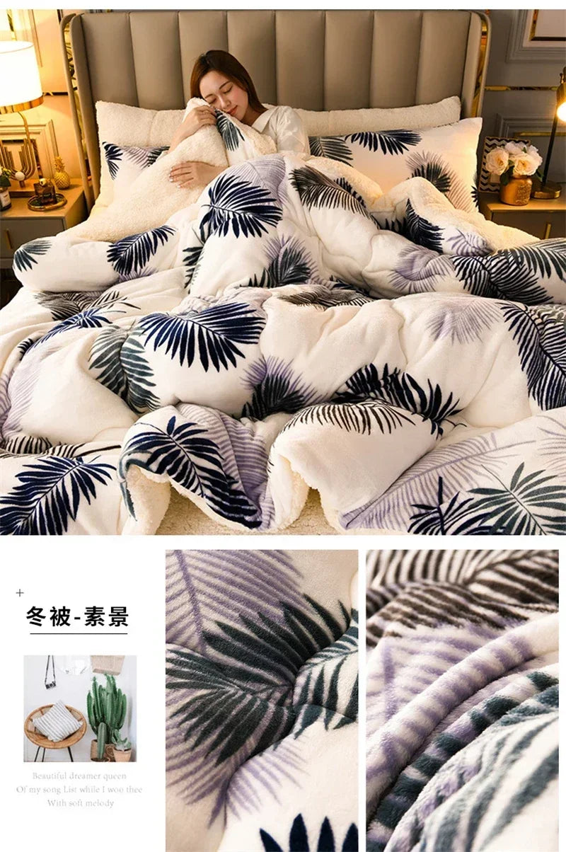 White plush comforter with tropical navy blue and gray palm leaf pattern thick warm milk fleece blanket for winter