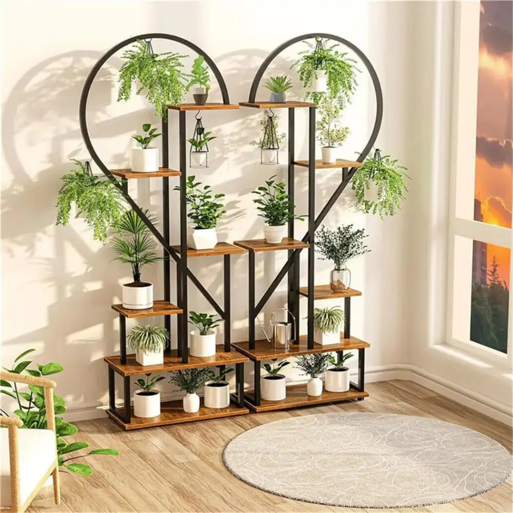 DecorBites™ 6-tier heart shaped plant display stand with black metal frame and wooden shelves holding white pots