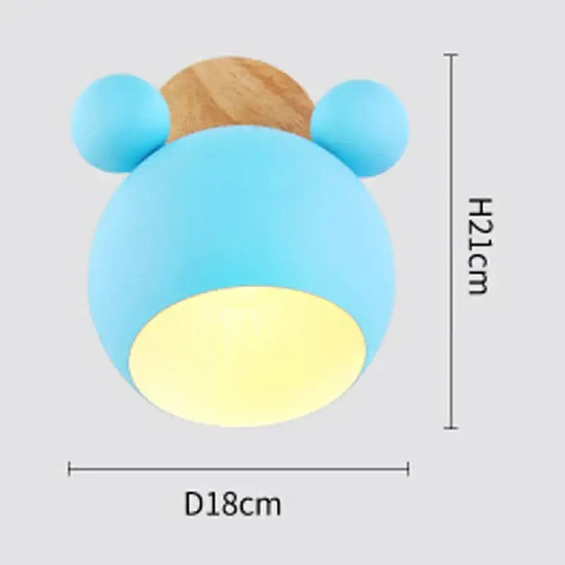 Blue bear-shaped wall lamp with wooden ears and warm yellow light diffuser for decorbites cartoon mouse wall decor