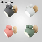 Playful pastel cartoon mouse wall lamp with wooden backplates in soft matte gray, perfect wall lamp decorbites cartoon mouse design