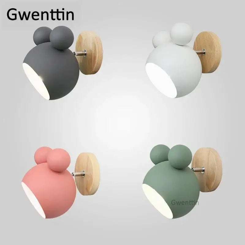 Playful pastel cartoon mouse wall lamp with wooden backplates in soft matte gray, perfect wall lamp decorbites cartoon mouse design