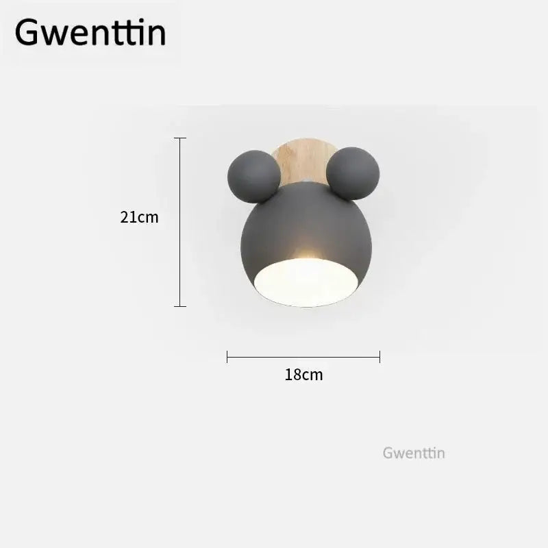 Gray matte-finished mickey mouse head wall lamp with wooden backplate for kids bedroom decorbites cartoon mouse design