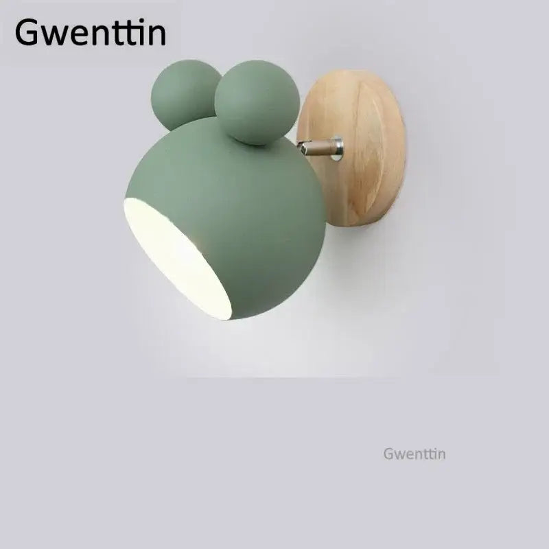 Mint green matte-finished cartoon mouse wall lamp with light wood mounting plate for kids bedroom decorbites cartoon mouse