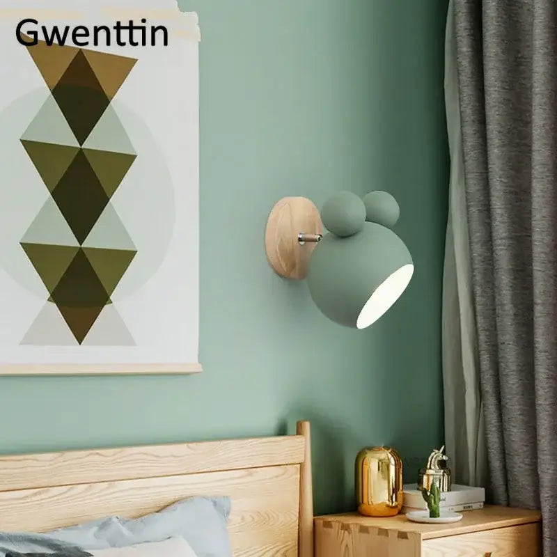 Mint green wall lamp with wooden base and two spherical accents decorbites cartoon mouse wall lamp for kids bedroom