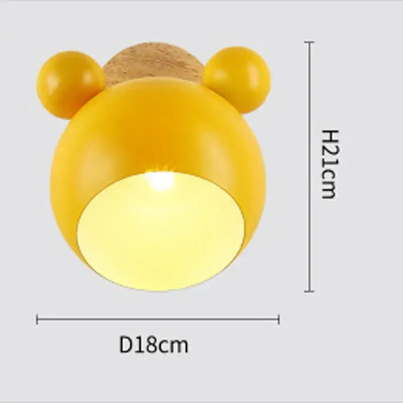 Yellow bear-shaped wall lamp with rounded ears and wooden top for kids bedroom decorbites cartoon mouse wall lamp