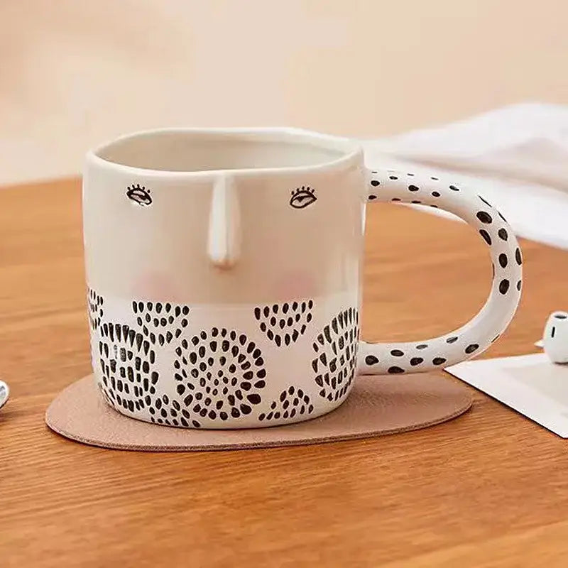 Cream-colored 340ml ceramic coffee milk mug with black dot patterns and polka-dotted handle for kitchen decor