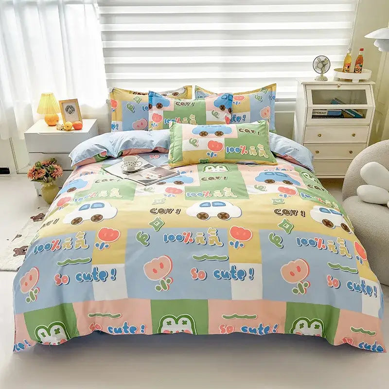 Pastel-colored cartoon-themed cotton bedding set with playful car pig and frog designs and a dog print bedding pattern