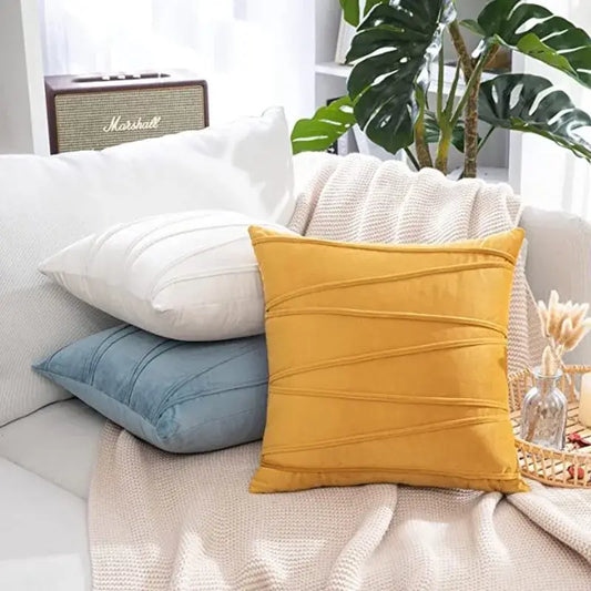 A square mustard yellow short wool velvet pillowcase with diagonal pleats for living room decorbites knit short
