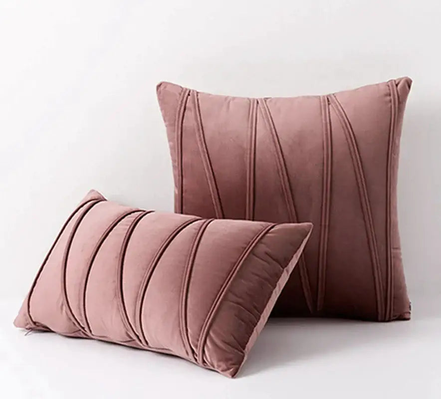 Pair of mauve velvet throw pillows with vertical pleated detailing complement pleated mustard yellow short wool velvet decorbites knit short pillowcase