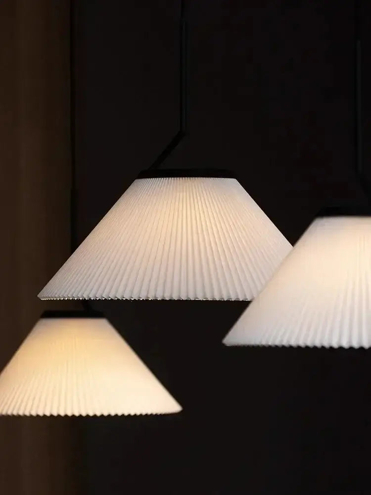 Three modern white pleated pendant light chandelier with minimalist design for dining room by decorbites cream led