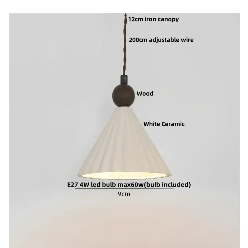 White ceramic conical pendant light with dark wood spherical top and iron canopy for decorbites ceramic wood pendant decor