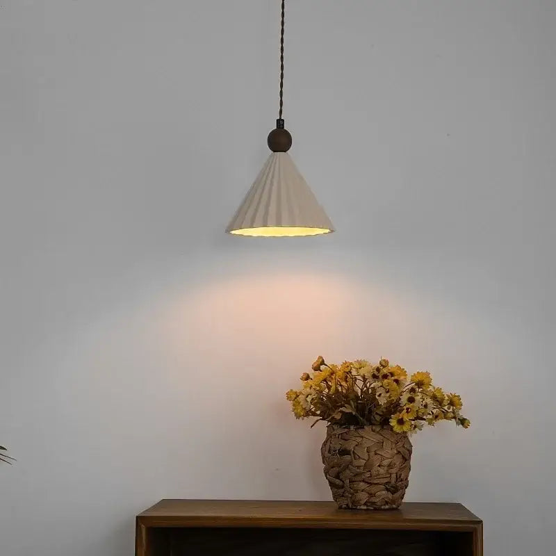 Cream-colored pleated paper pendant light with dark wooden fixture for bedroom decorbites ceramic wood pendant decor