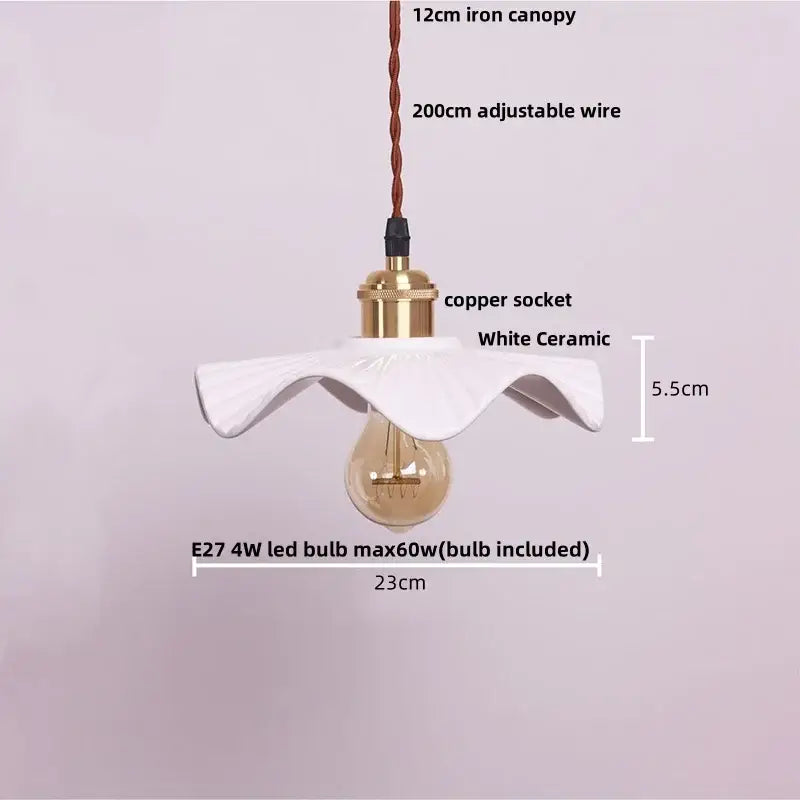 White ceramic pendant light with fluted petal design and brass copper socket for decorbites ceramic wood pendant use