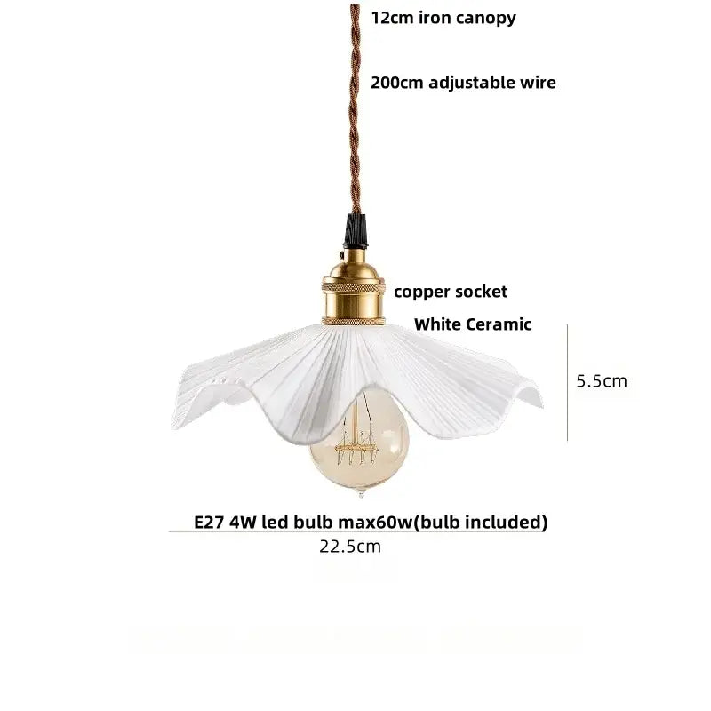 Pleated white fabric pendant light with white ceramic shade gold copper socket and e27 led bulb for decorbites ceramic wood decor