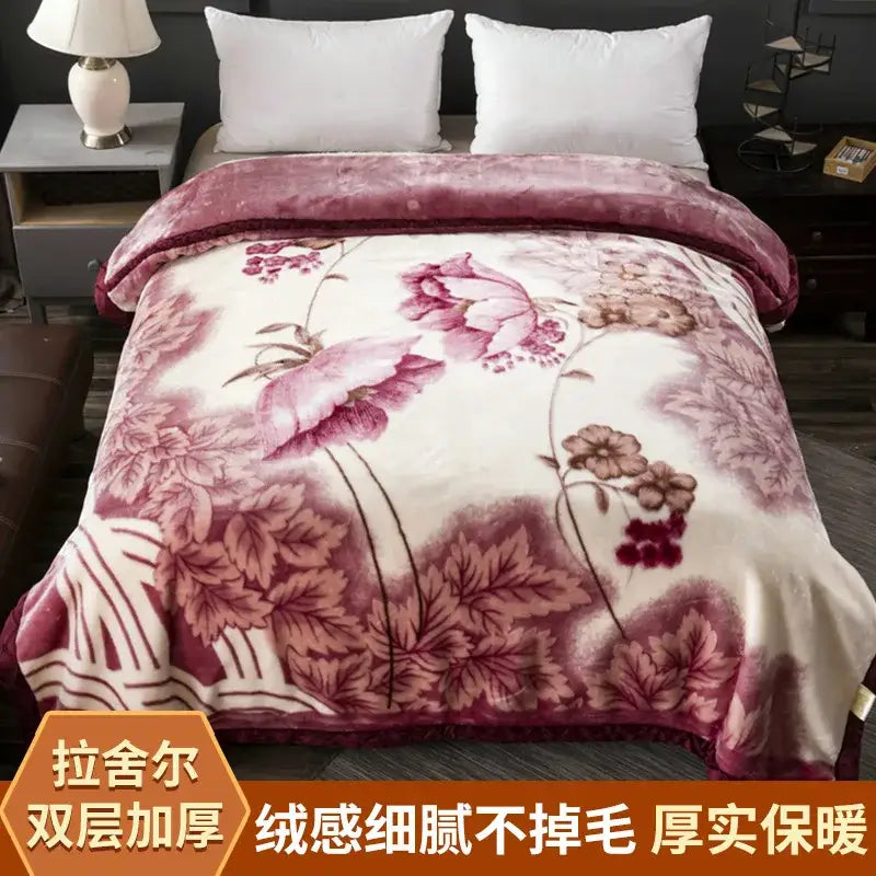 Plush double-layered raschel blanket in soft pink and cream floral pattern for decorbites winter raschel throw