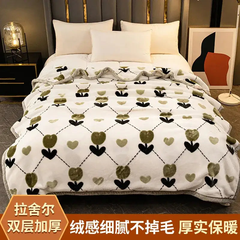 White plush raschel blanket with olive green and black tulip pattern soft textured decorbites winter raschel throw