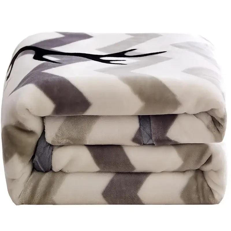 Plush black and white chevron winter raschel blanket with gray tones and black deer antler decorbites winter raschel throw